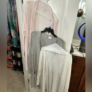 2 Soma Lightweight Cardigans and 1 Chico’s Cardigan. 1 white 1 pink and 1 grey.
